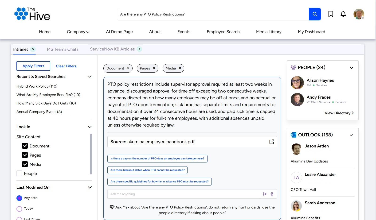 Akumina’s AI-powered search returning results for a natural language query with an AI-generated summary and source material citation